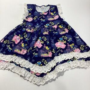 Girls Floral Navy Blue Dress with Lace Trim Birdcage Design XXL